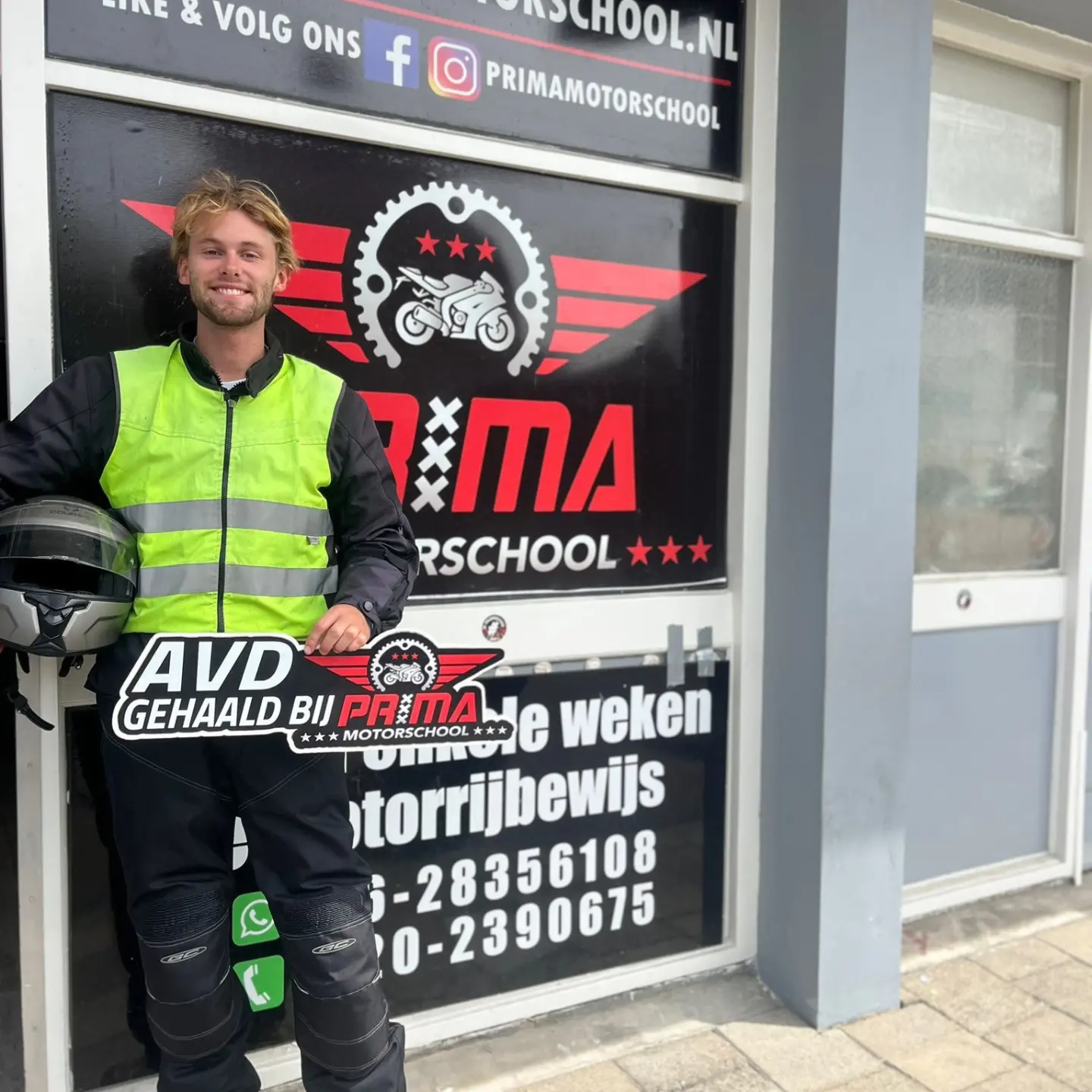 Student next to motorcycle after passing exam