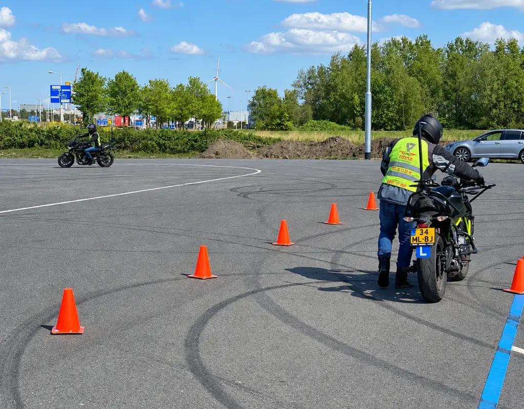 Leerling tijdens een motorrijles bij Prima Motorschool in Amsterdam